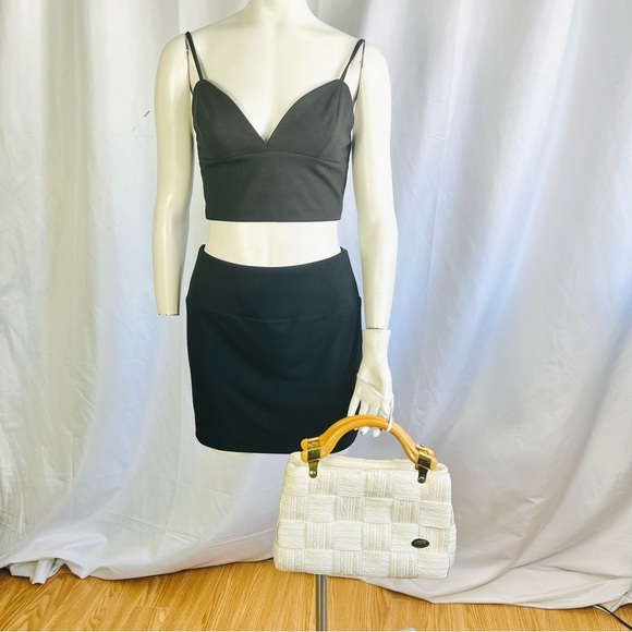 VINTAGE WHITE CREAM WOVEN BAG SUMMER WOODEN  HANDLE HANDBAG MADE IN ITALY - Picture 3 of 14